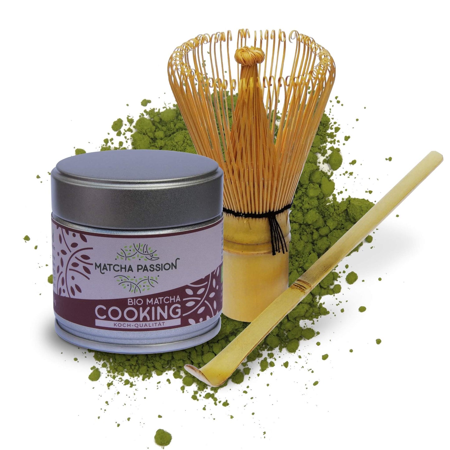 Bio Matcha Cooking 30g Dose und Bambusbesen und Bambuslöffel Matcha Passion 12 2048x2048