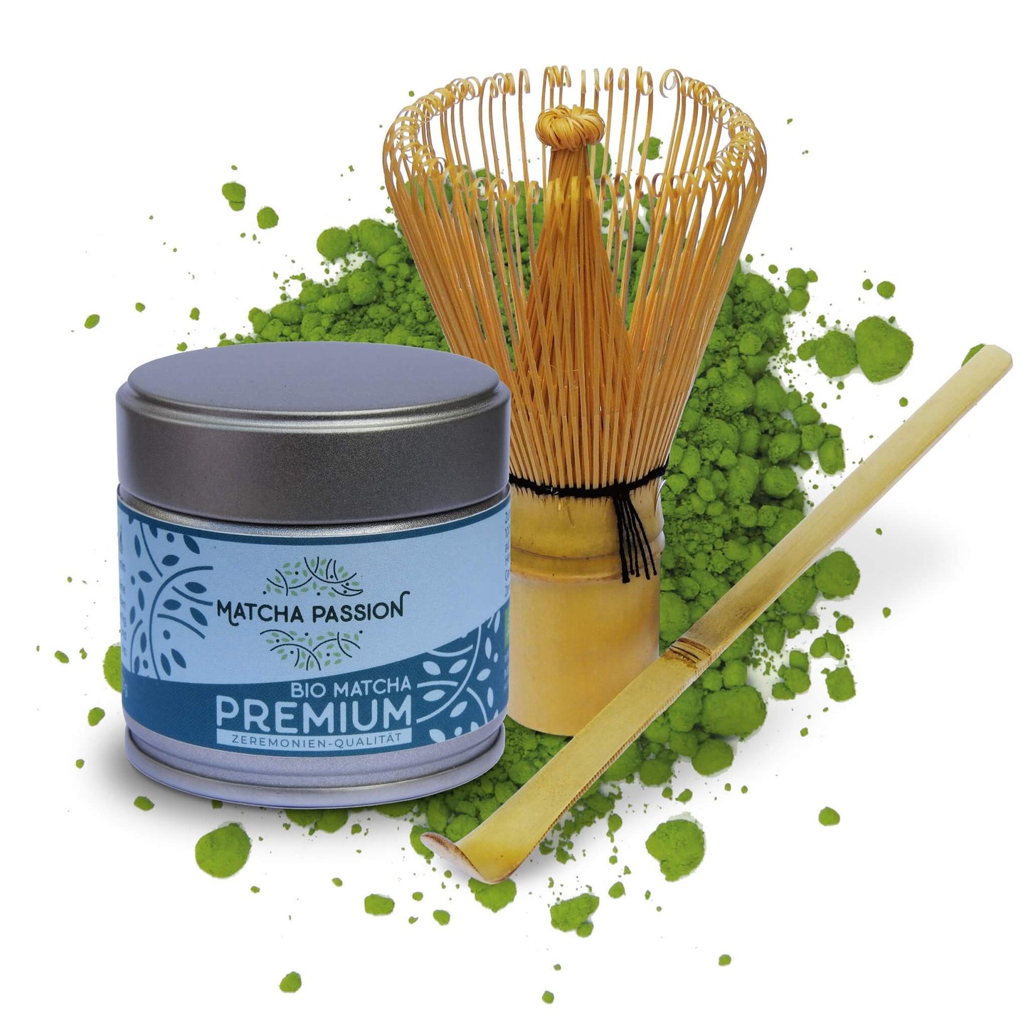 Bio Matcha Premium 30g Dose und Bambusbesen und Bambuslöffel Matcha Passion 12 2048x2048