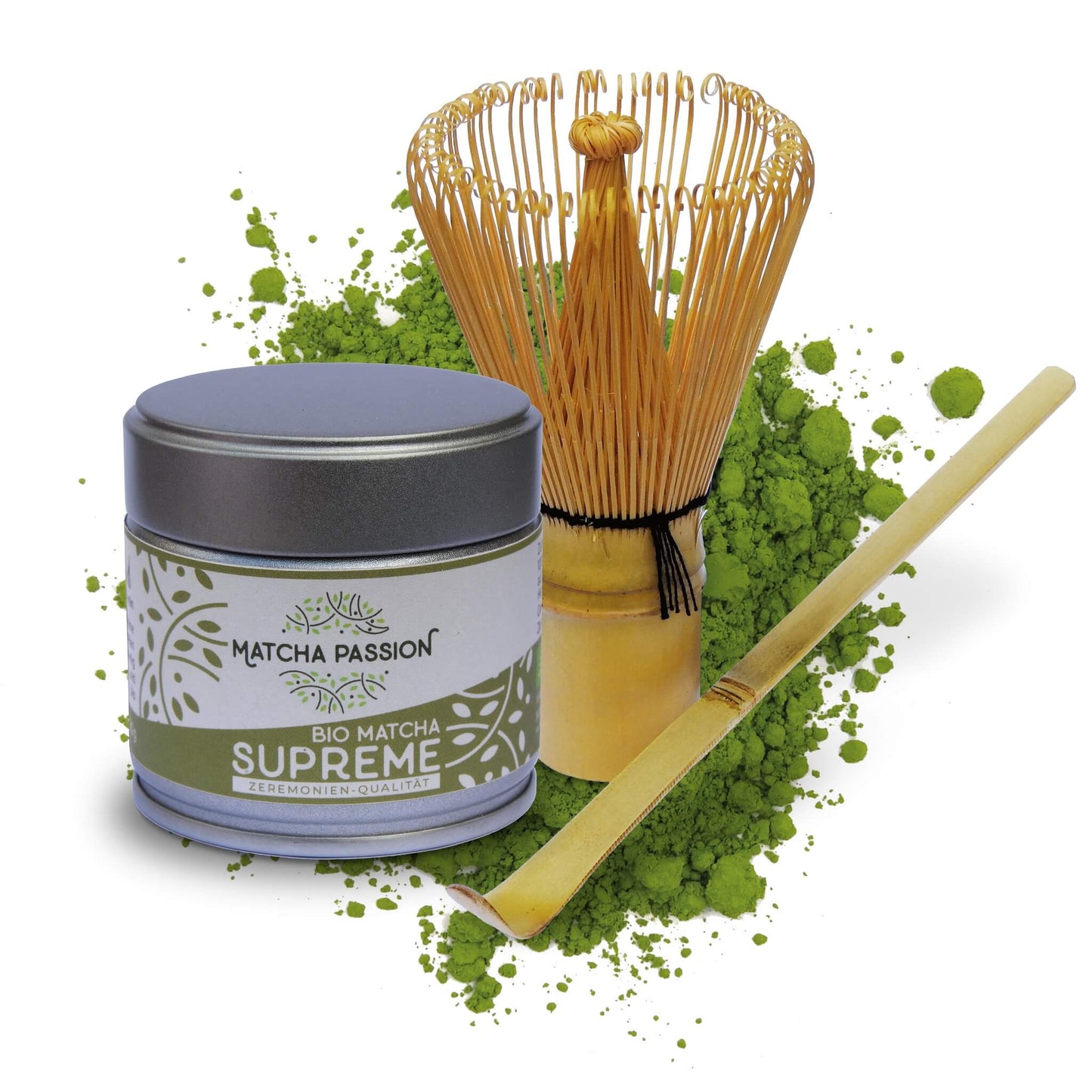 Bio Matcha Supreme 30g Dose und Bambusbesen und Bambuslöffel Matcha Passion 12 2048x2048