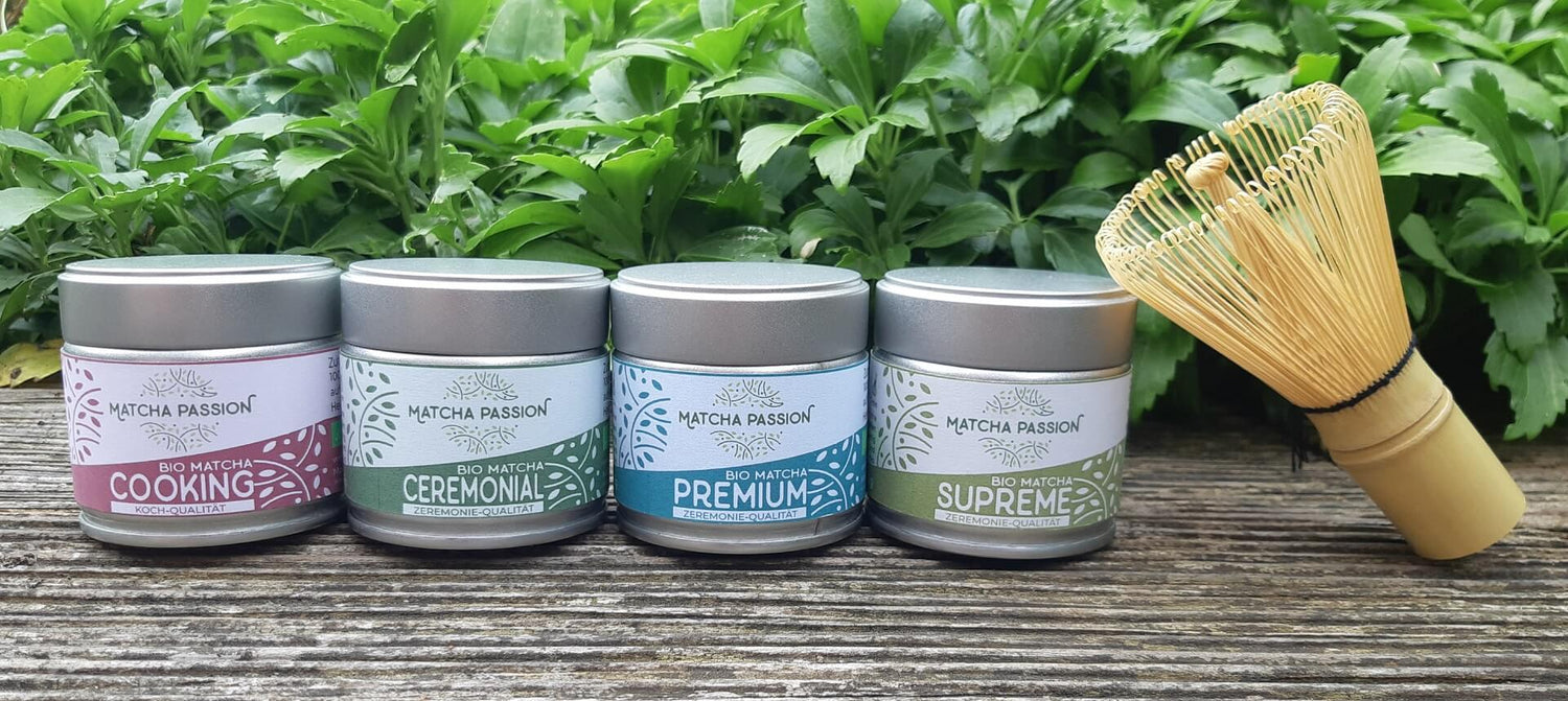 Bio Matcha kaufen Ceremonial Premium Supreme Cooking Set 4x30g 120g Dosen Grüntee Pulver Tee 1920x859